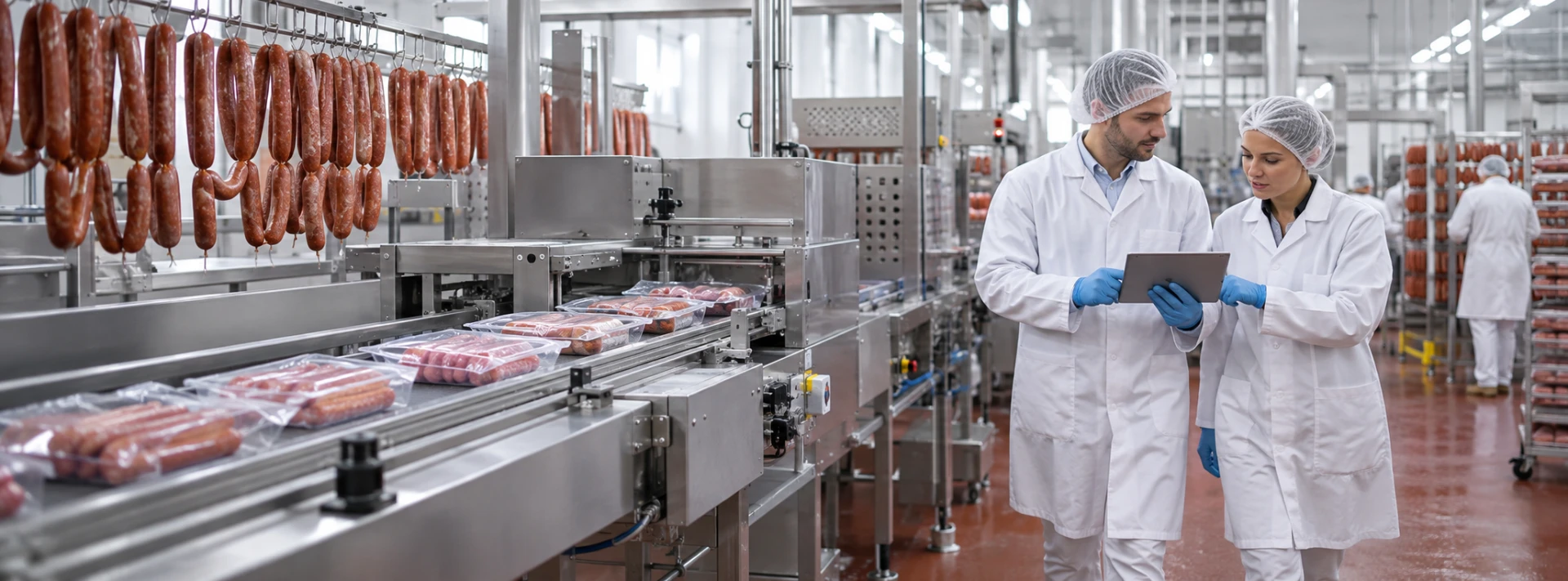 Especialistas revisan una línea industrial de producción cárnica