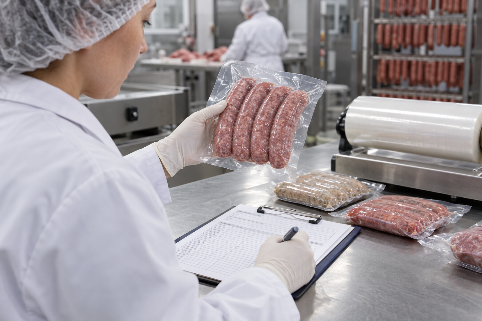Especialista de calidad inspecciona una muestra de embutido empacado
