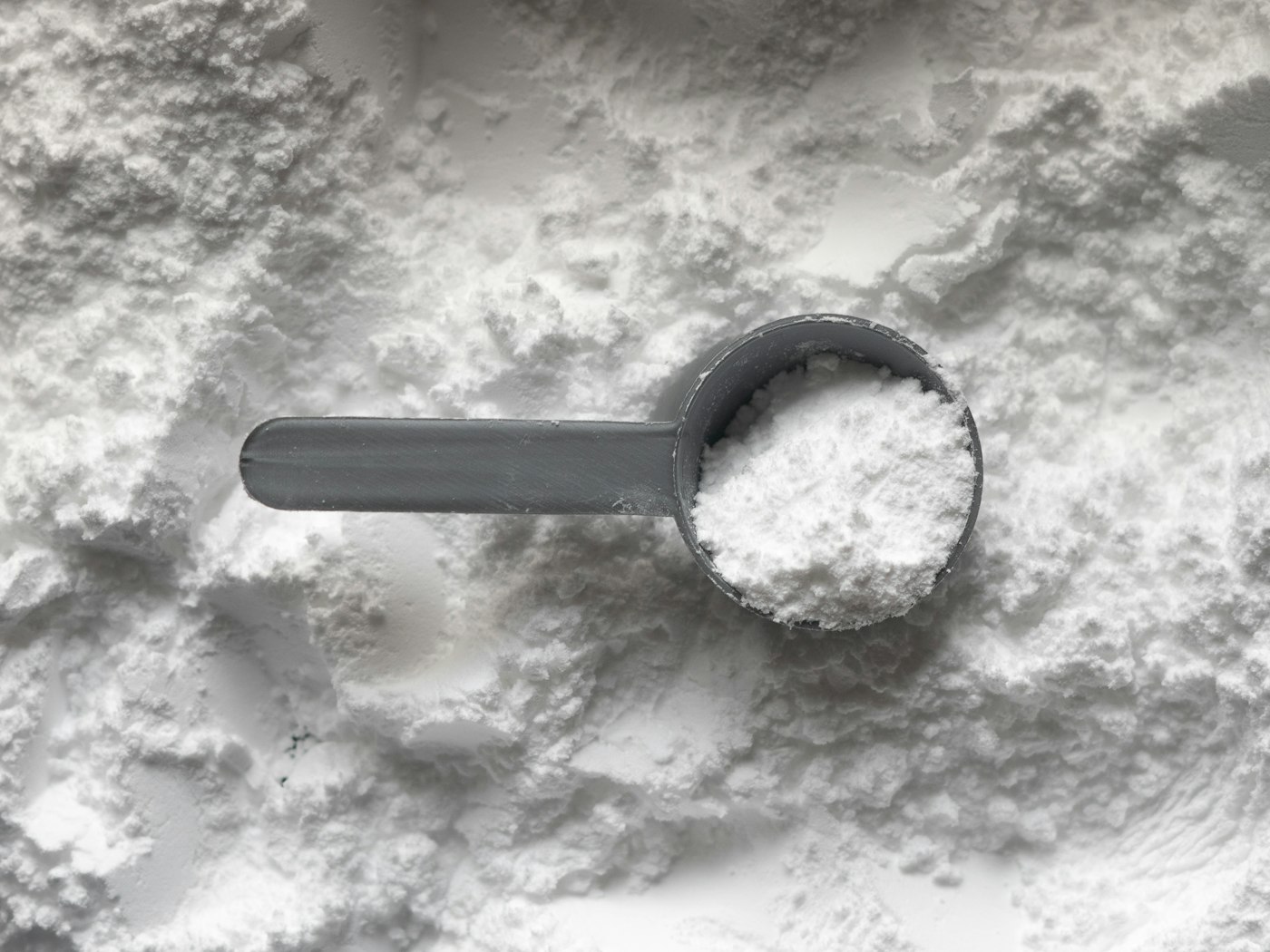 Cucharada dosificadora con proteína en polvo blanca