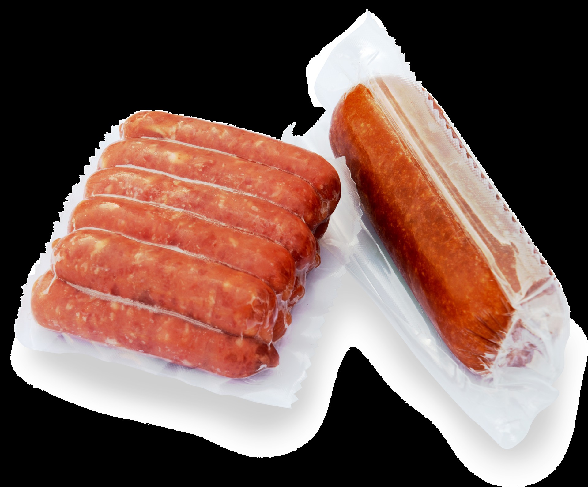 Salchichas empacadas al vacío en película transparente de barrera